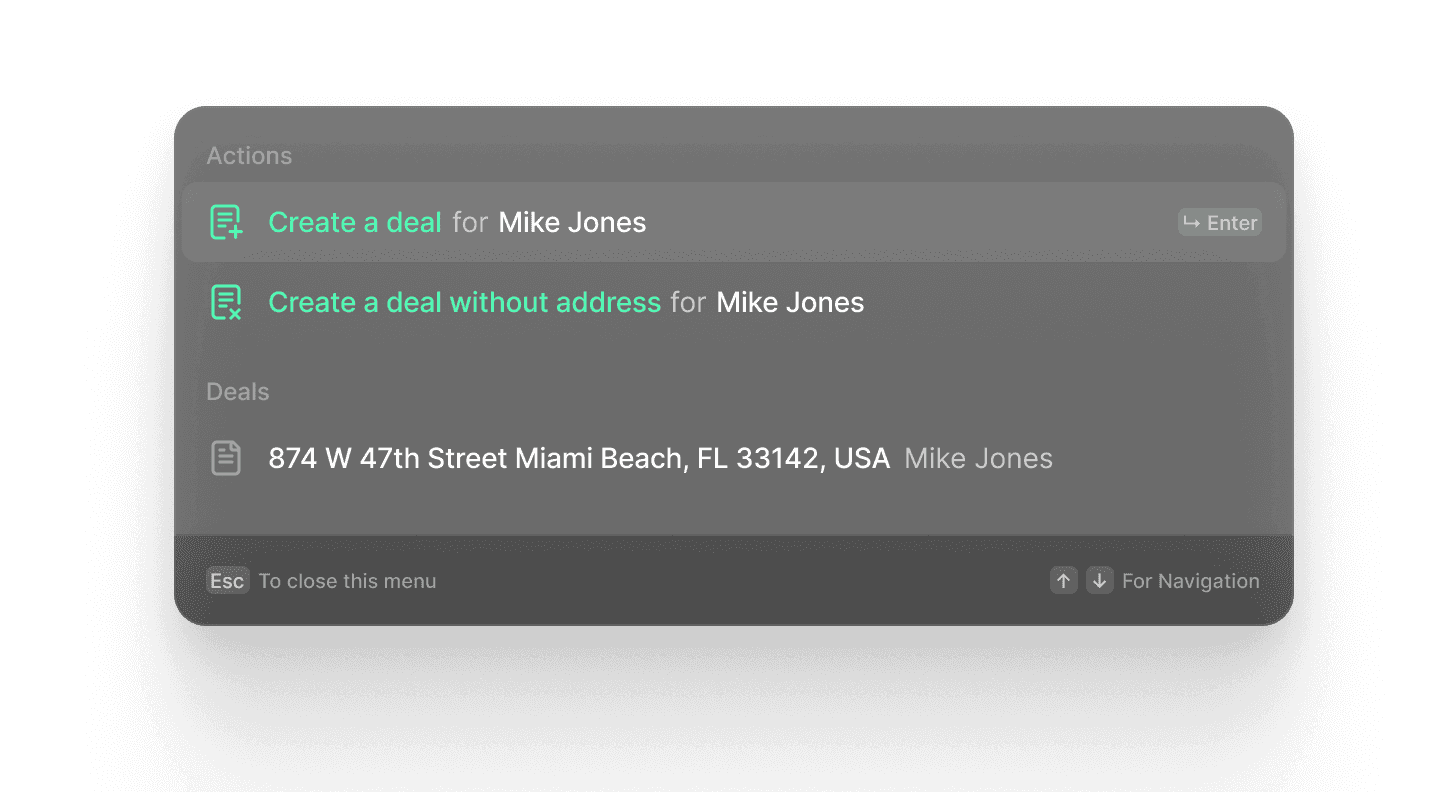 Clai command menu creating a deal for Mike Jones at 874 W 47th Street, Miami Beach