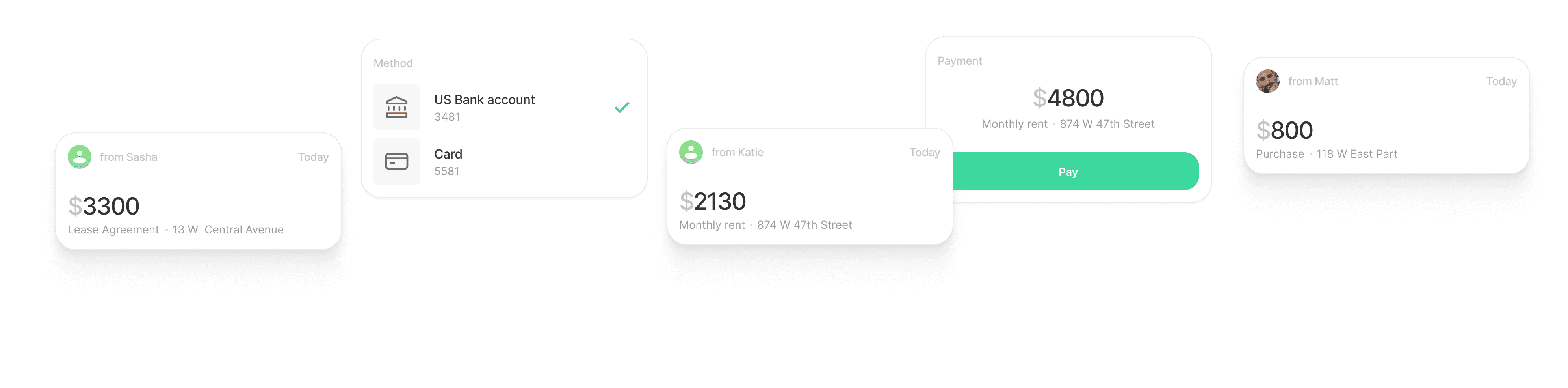 ClaiPay payment cards showing rent and lease payments with bank and card methods