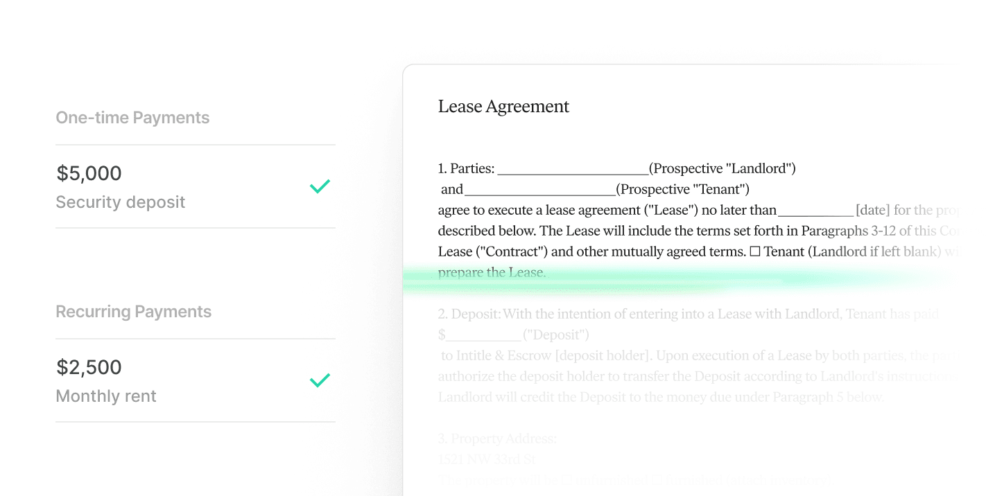 ClaiPay one-time and recurring payment breakdown beside a lease agreement document