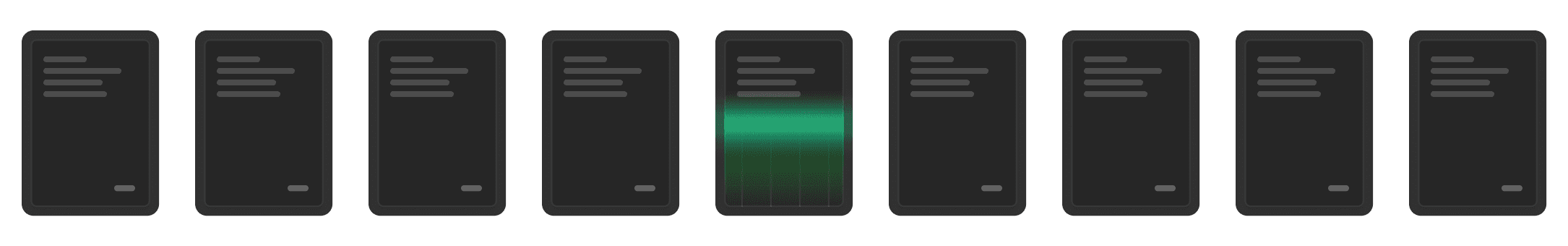 Row of document cards with one scanning green highlight as Clai processes it